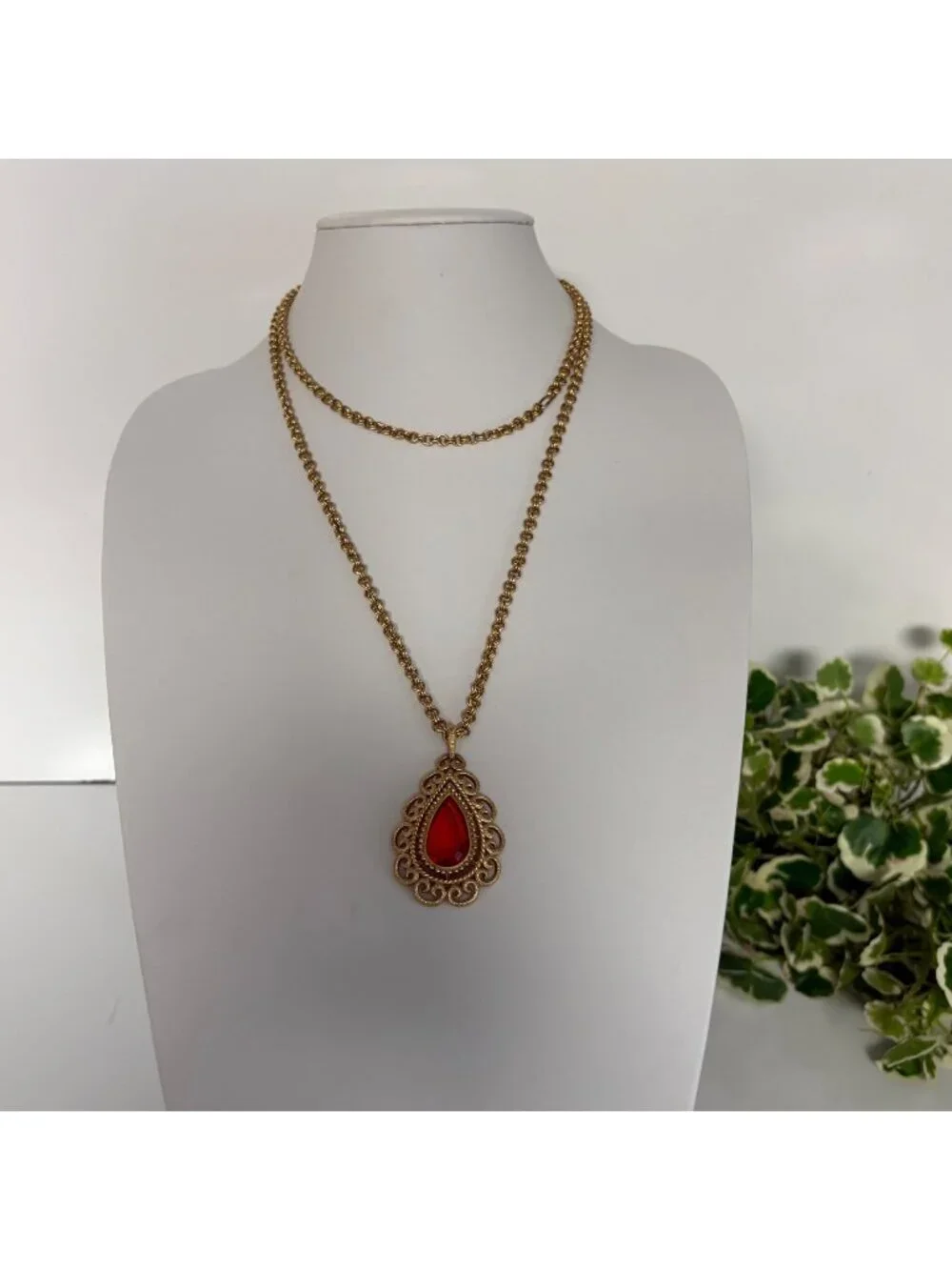 Long Gold Tone Necklace Orange Teardrop Pendant Ornate Filigree Design Jewelry